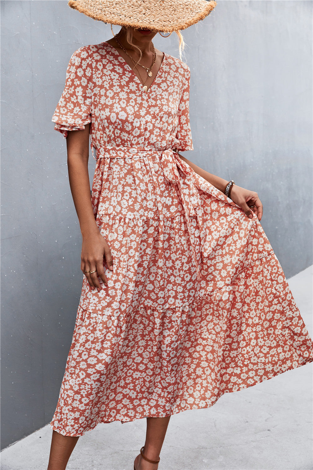 Women's Printed V-Neck Flutter Sleeve Belted Dress