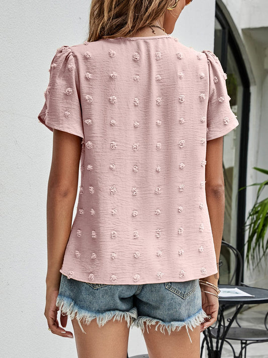 Malibu Dreams Swiss Dot Round Neck Petal Sleeve Top