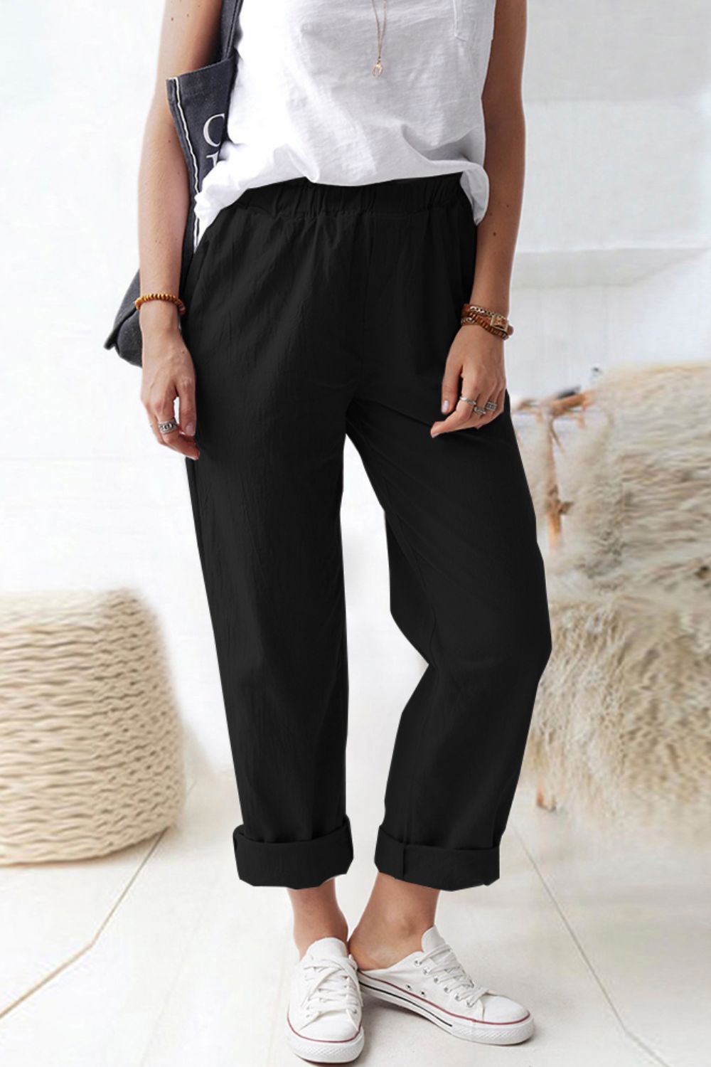 Women's Full Size Paperbag Waist Pull-On Pants with Pockets