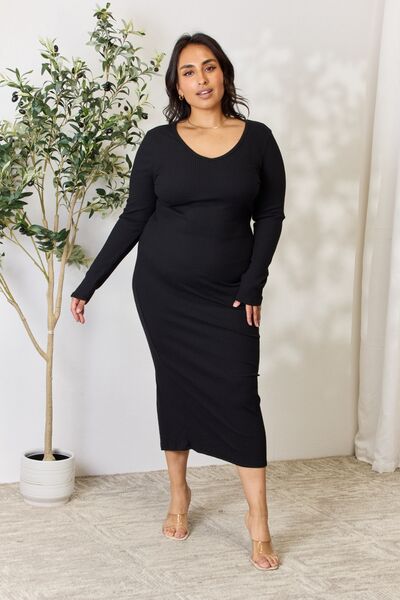 Culture Code Full Size Ribbed Long Sleeve Midi Slit Dress *