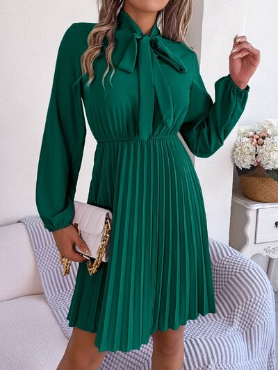 Women's Obsessed Tie Neck Balloon Sleeve Pleated Dress