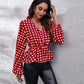 Plaid V-Neck Balloon Sleeve Peplum Blouse