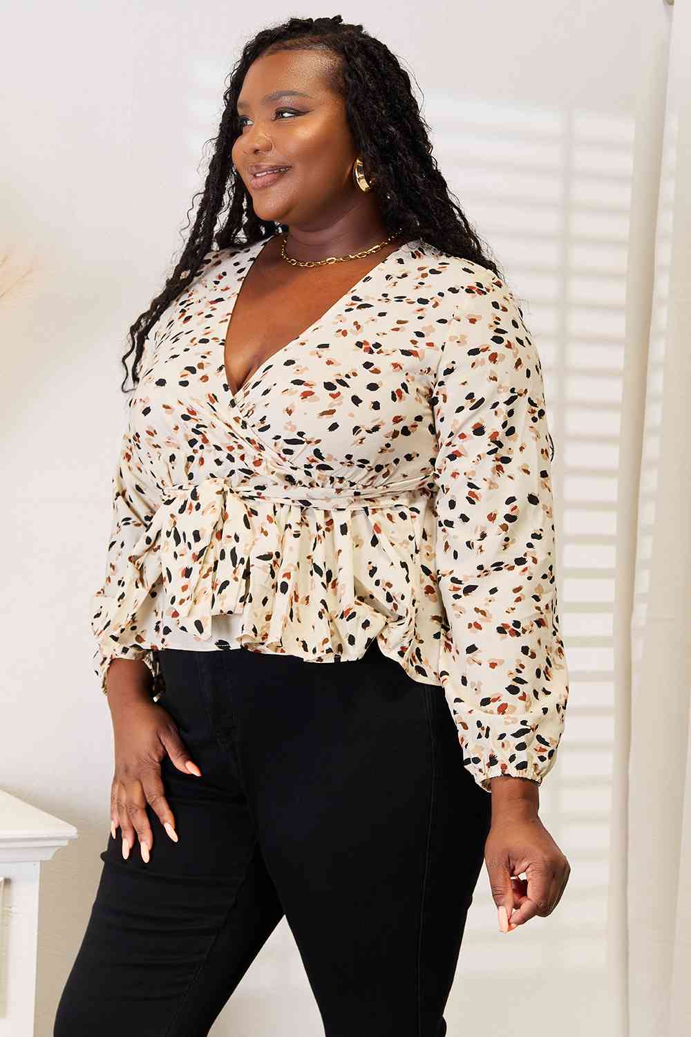 Double Take Printed Tied Plunge Peplum Blouse *