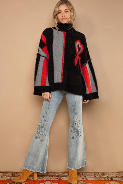 POL Turtleneck Color Block Fringe Detail Sweater *