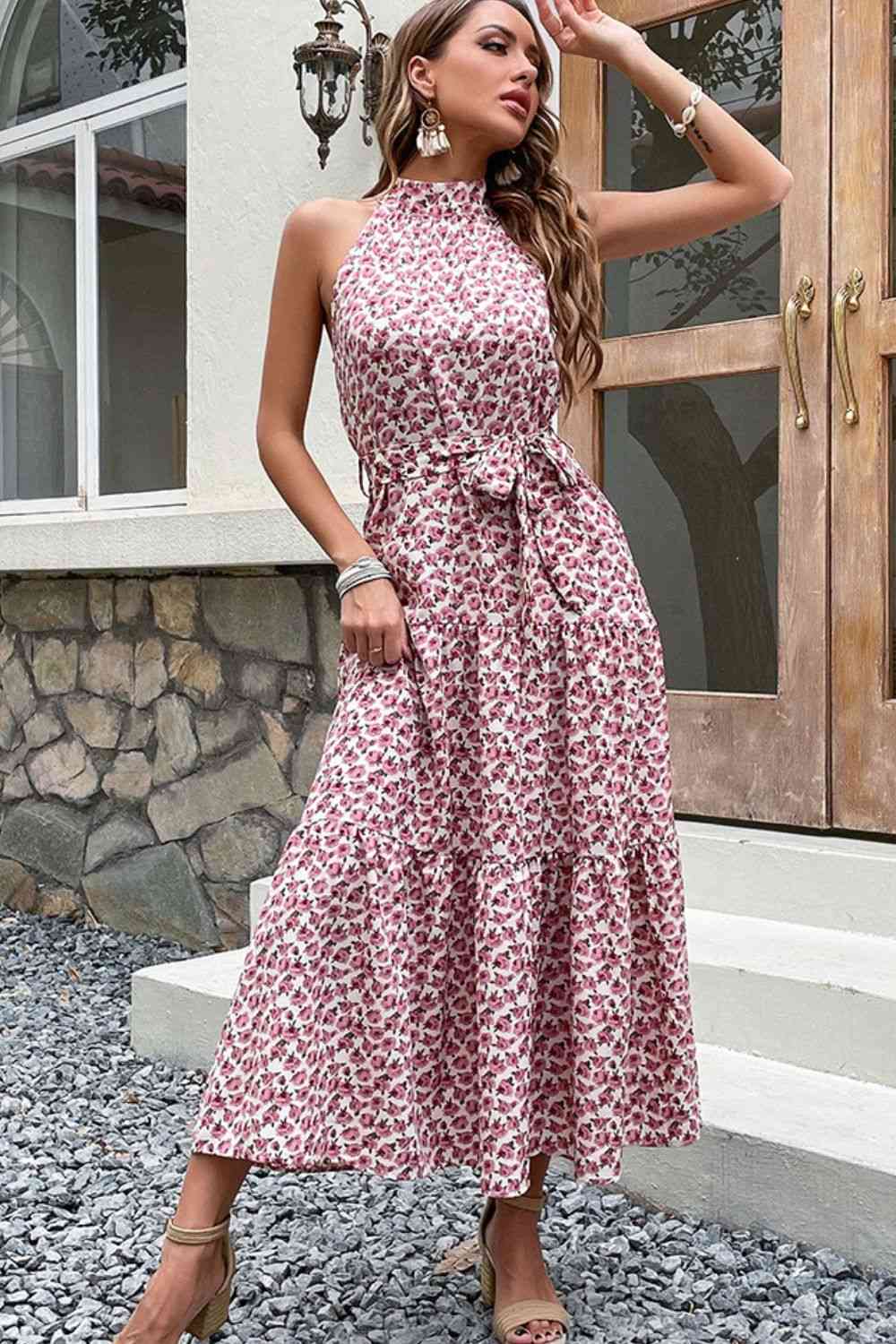 Pink Floral Tie-Waist Tiered Dress