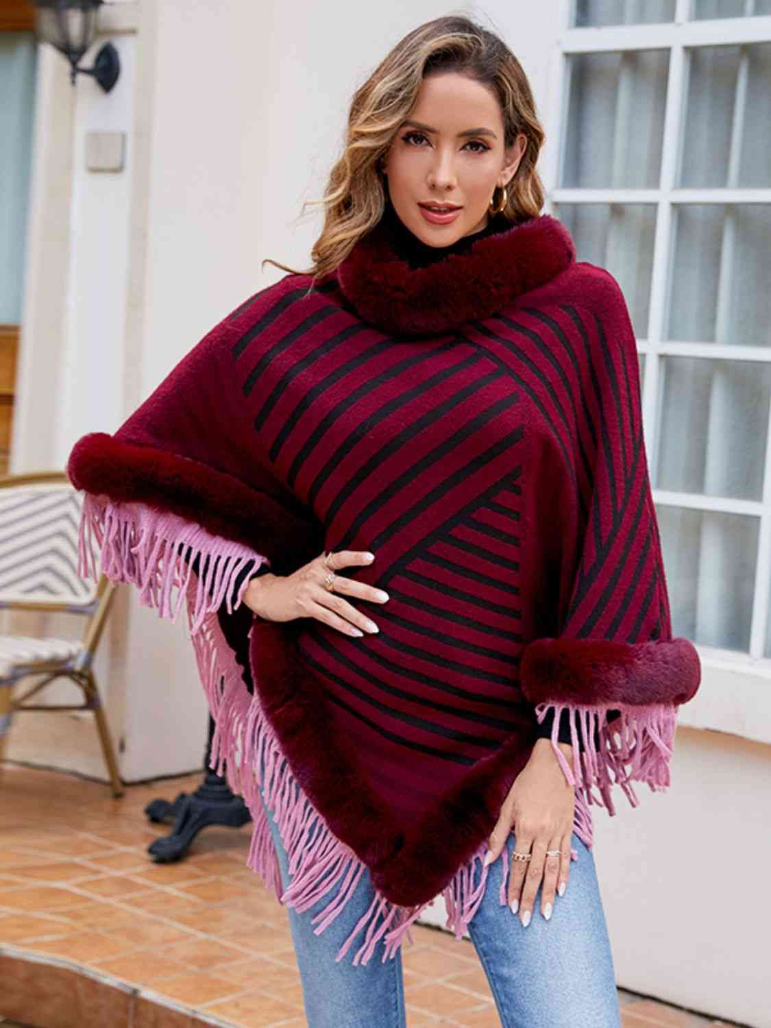 Contrasting Beauty One Size Striped Fringe Hem Poncho