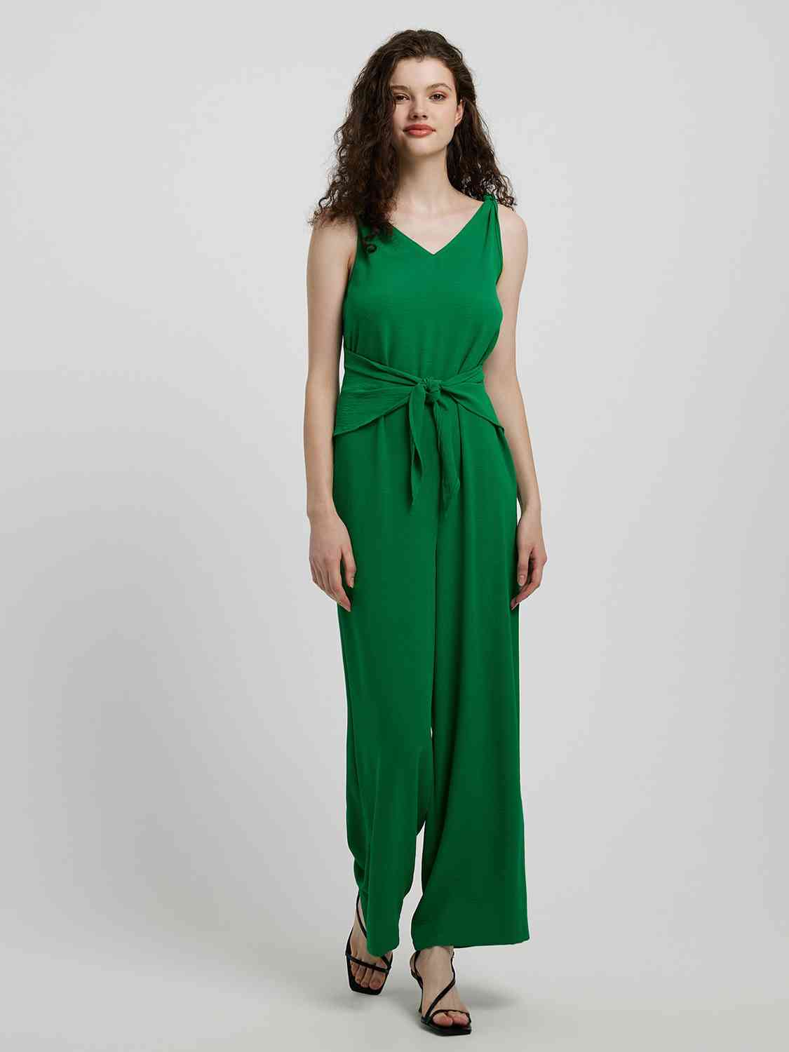 Mid Green Knot Detail Tie Front Sleeveless Jumpsuit