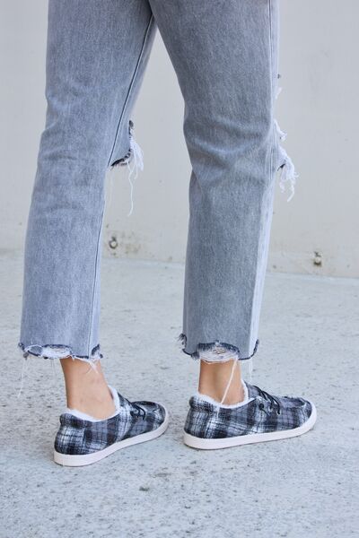 Forever Link Black Plaid Plush Flat Sneakers