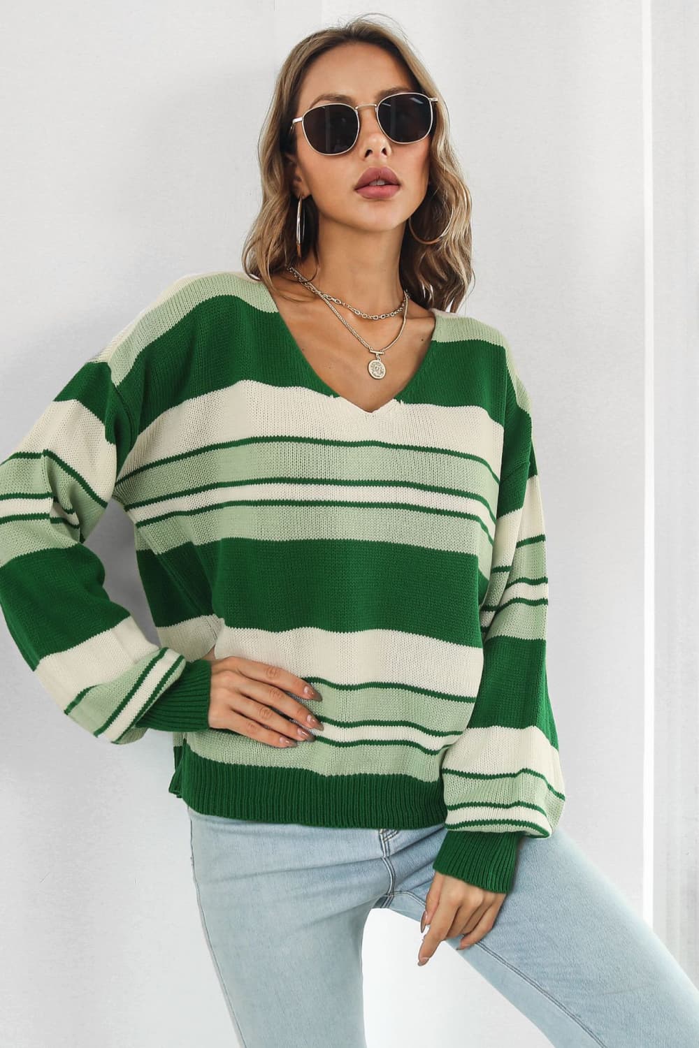 ZELDAlea Striped V-Neck Dropped Shoulder Sweater