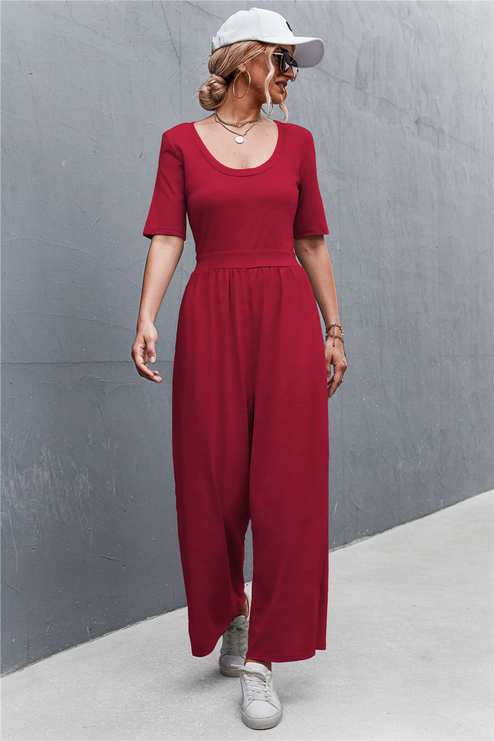 Women's Scoop Neck Half Sleeve Wide Leg Jumpsuit