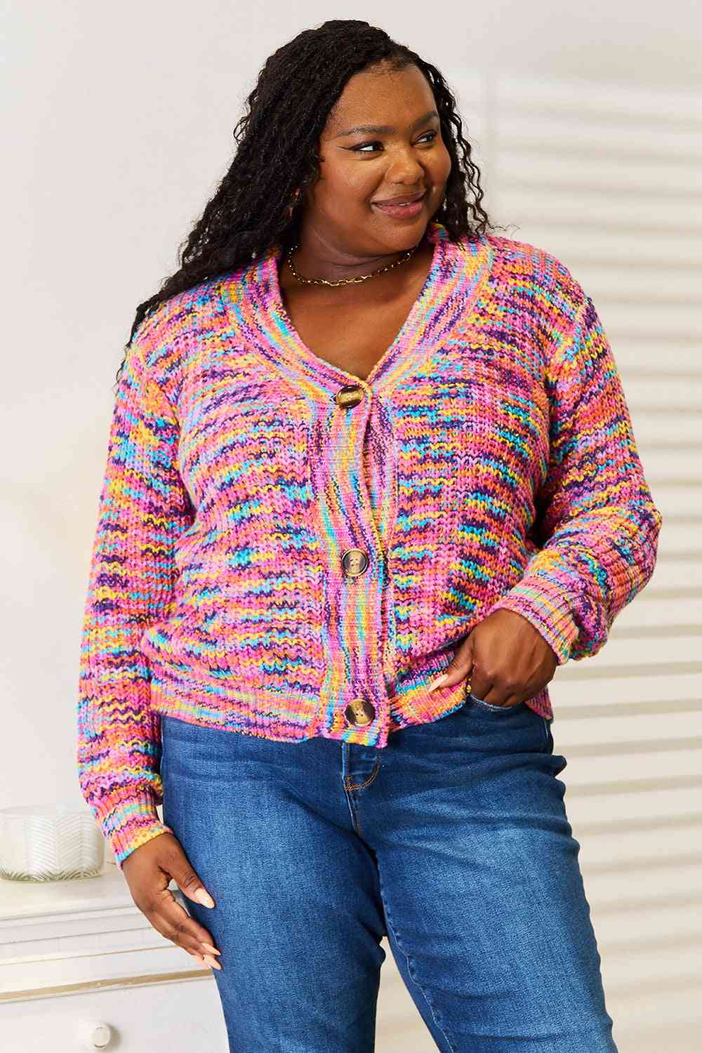 Woven Right V-Neck Long Sleeve Cardigan *