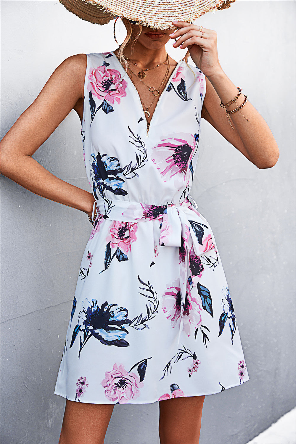 Women's Printed Zip Detail Belted Sleeveless Dress