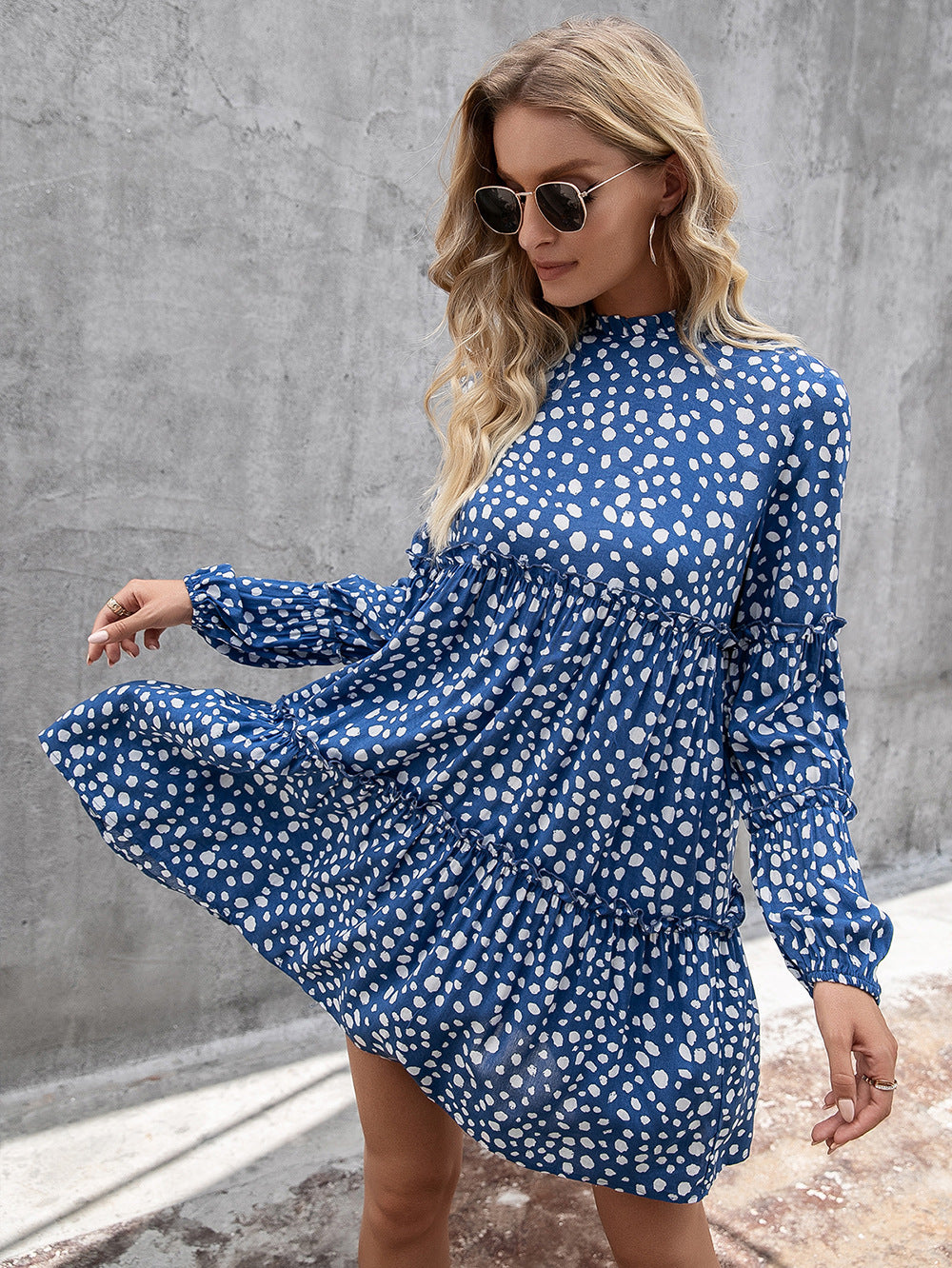 Azure Printed Long Sleeve Tiered Dress