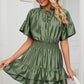Smocked Tie Neck Flounce Sleeve Dress