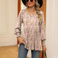 Full Size Printed V-Neck Lantern Sleeve Blouse