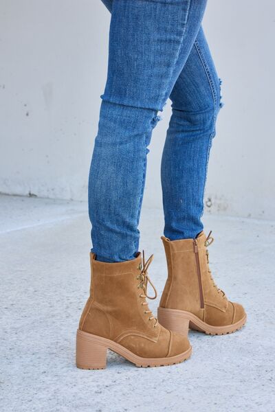 Forever Link Tan Lace-Up Zipper Detail Block Heel Boots