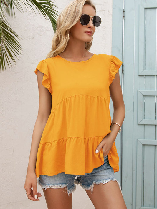 Women's Round Neck Flutter Sleeve Tiered Blouse