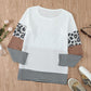 Waffle-Knit Leopard Round Neck Long Sleeve T-Shirt