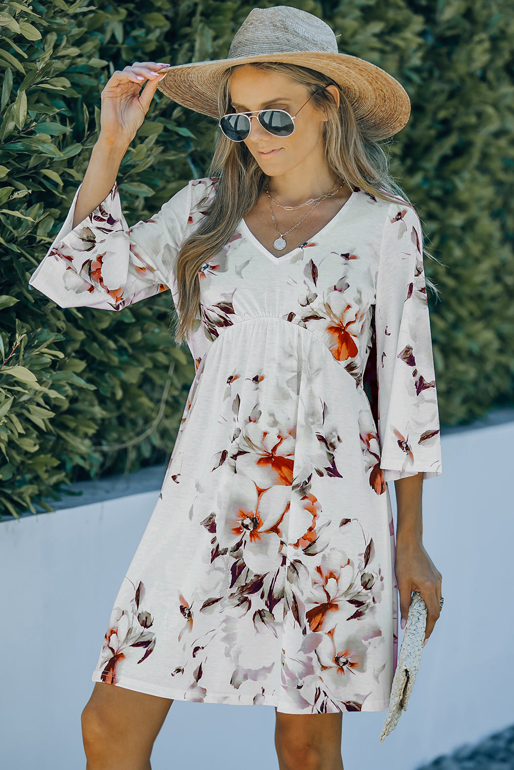 Women's Floral V-Neck Three-Quarter Sleeve Mini Dress