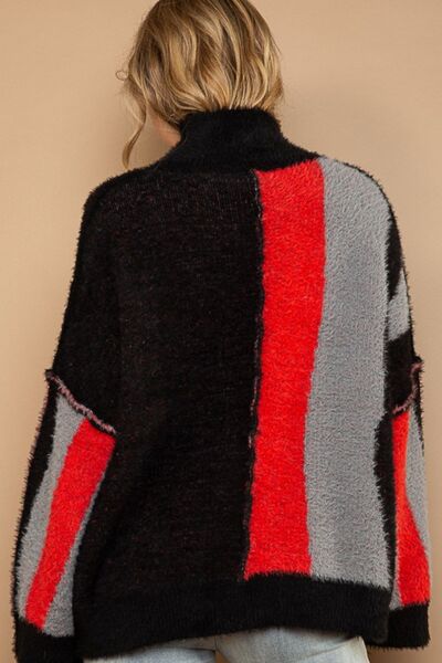 POL Turtleneck Color Block Fringe Detail Sweater *