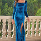 Tie Back Long Sleeve Peacock Blue Slit Dress