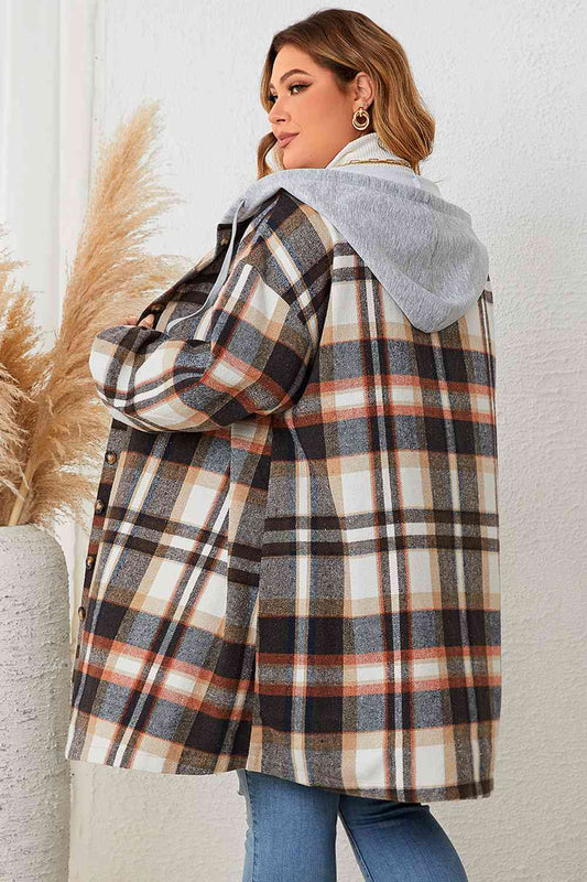 Adrien Planet Black Plus Size Plaid Drop Shoulder Hooded Coat