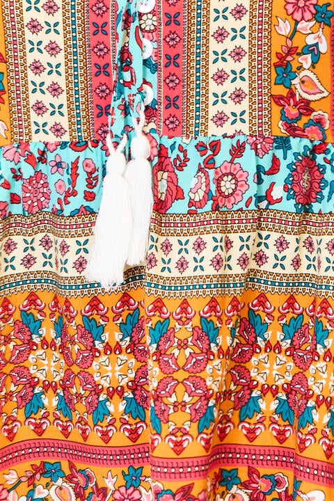 Double Take Bohemian Tassel Tie Puff Sleeve Babydoll Blouse *