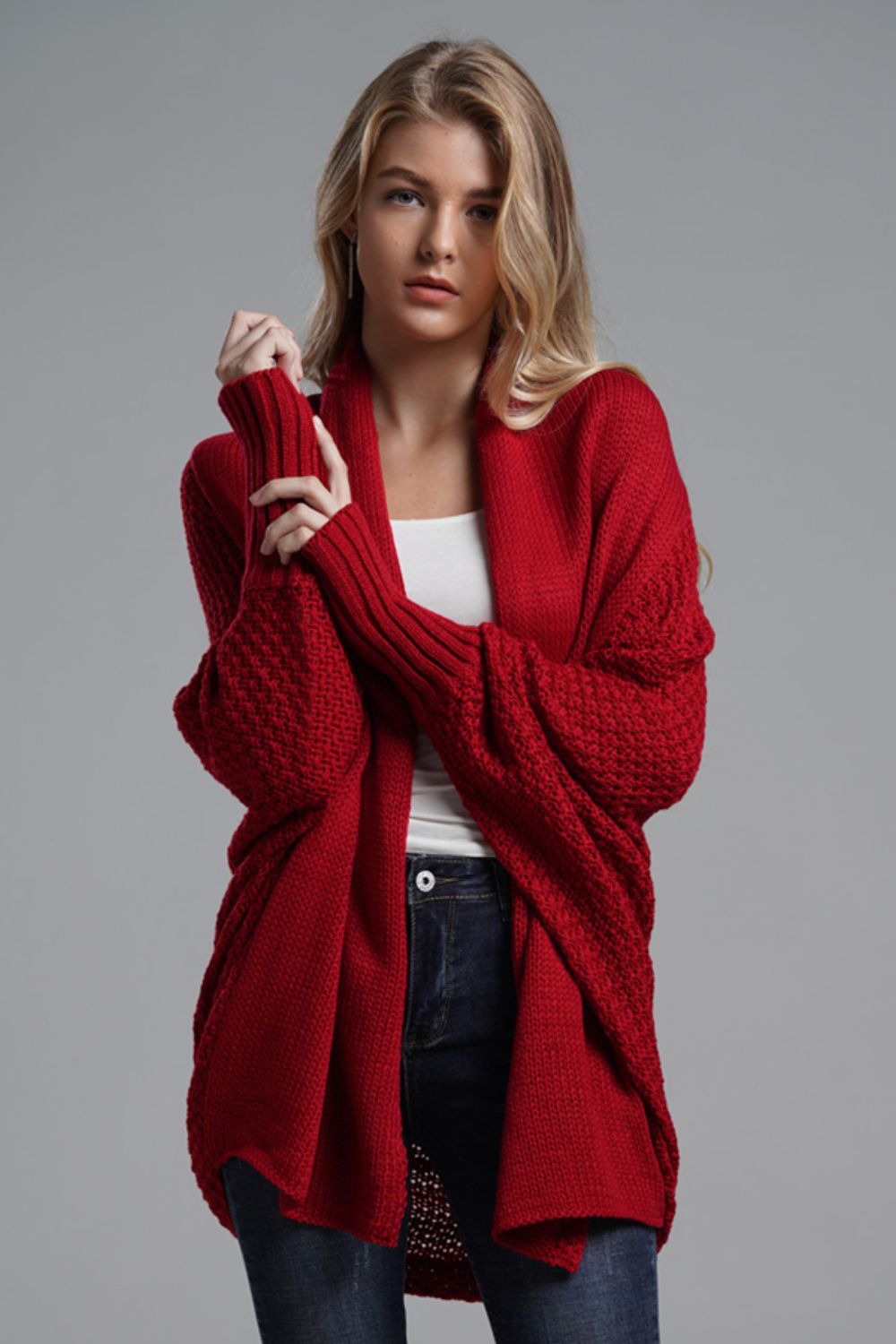 One Size Dolman Sleeve Open Front Ribbed Trim Longline Cardigan