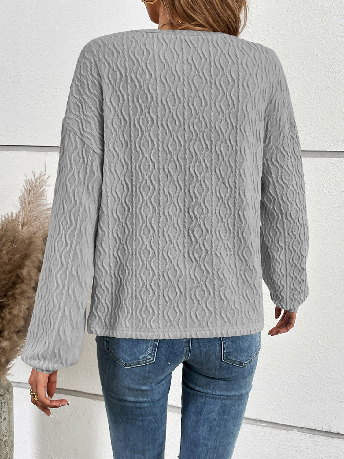 Full Size Half Button Long Sleeve Top