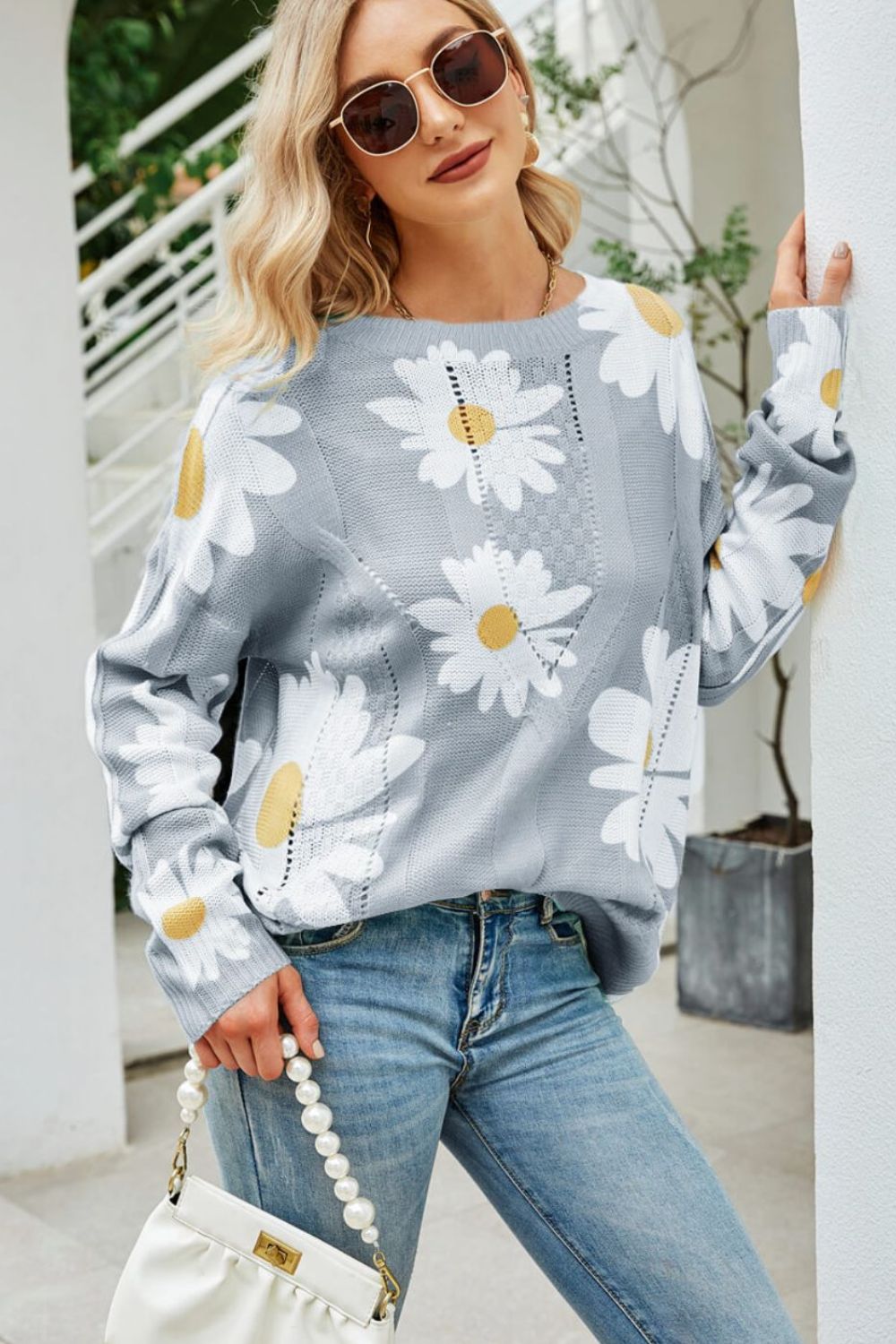 Women's Daisy Print Openwork Round Neck Sweater