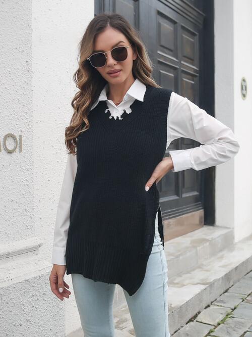 Zoe&Hannah Frayed Hem Slit Black Sweater Vest