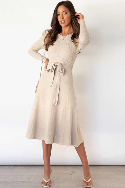 Full Size Round Neck Long Sleeve Tie Waist Sweater Dress