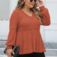 Plus Size Ribbed V-Neck Long Sleeve Blouse