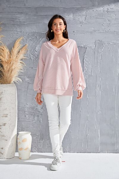 Women's Jasira Dusty Pink V-Neck Drop Shoulder Lantern Sleeve Blouse