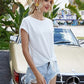 Tied Eyelet Round Neck Cap Sleeve T-Shirt