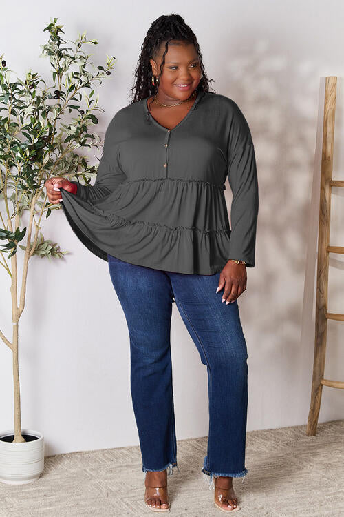 Double Take Half Button Long Sleeve Ruffle Hem Blouse *
