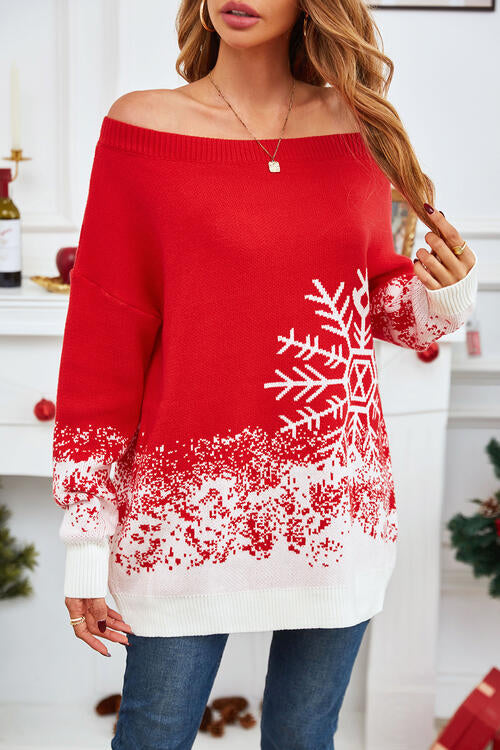 Christmas Themed Off-Shoulder Long Sleeve Sweater