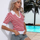 Striped Johnny Collar Half Sleeve Knit Top
