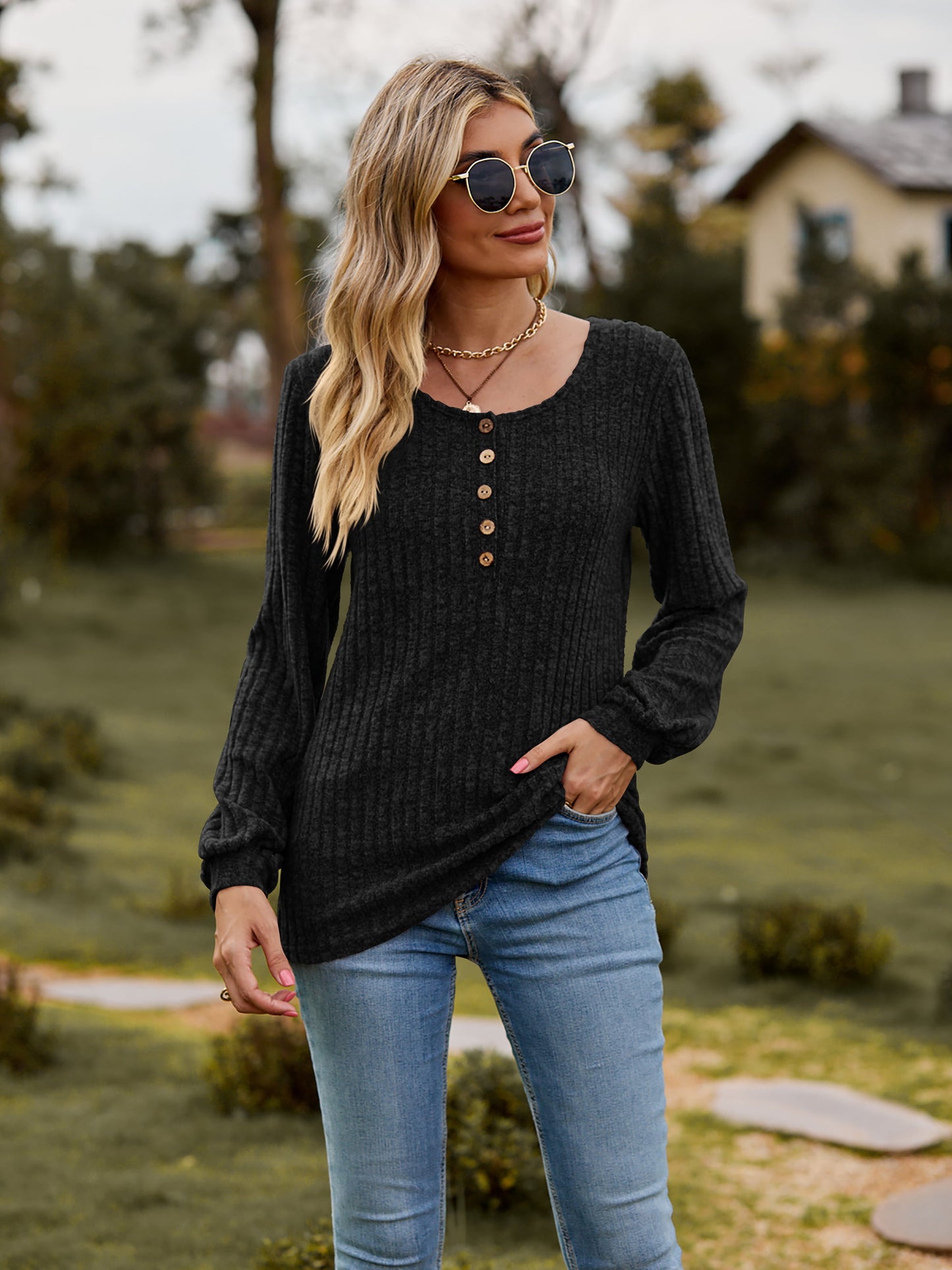 Full Size Round Neck Button-Down Long Sleeve Tee