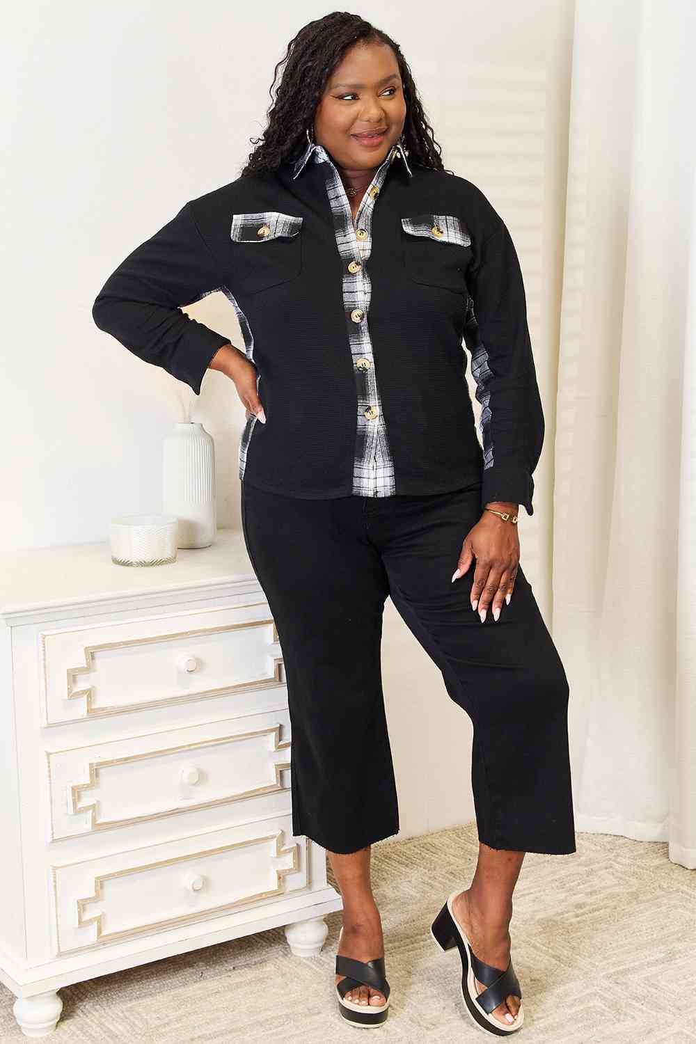 Double Take Plaid Collared Dropped Shoulder Jacket *