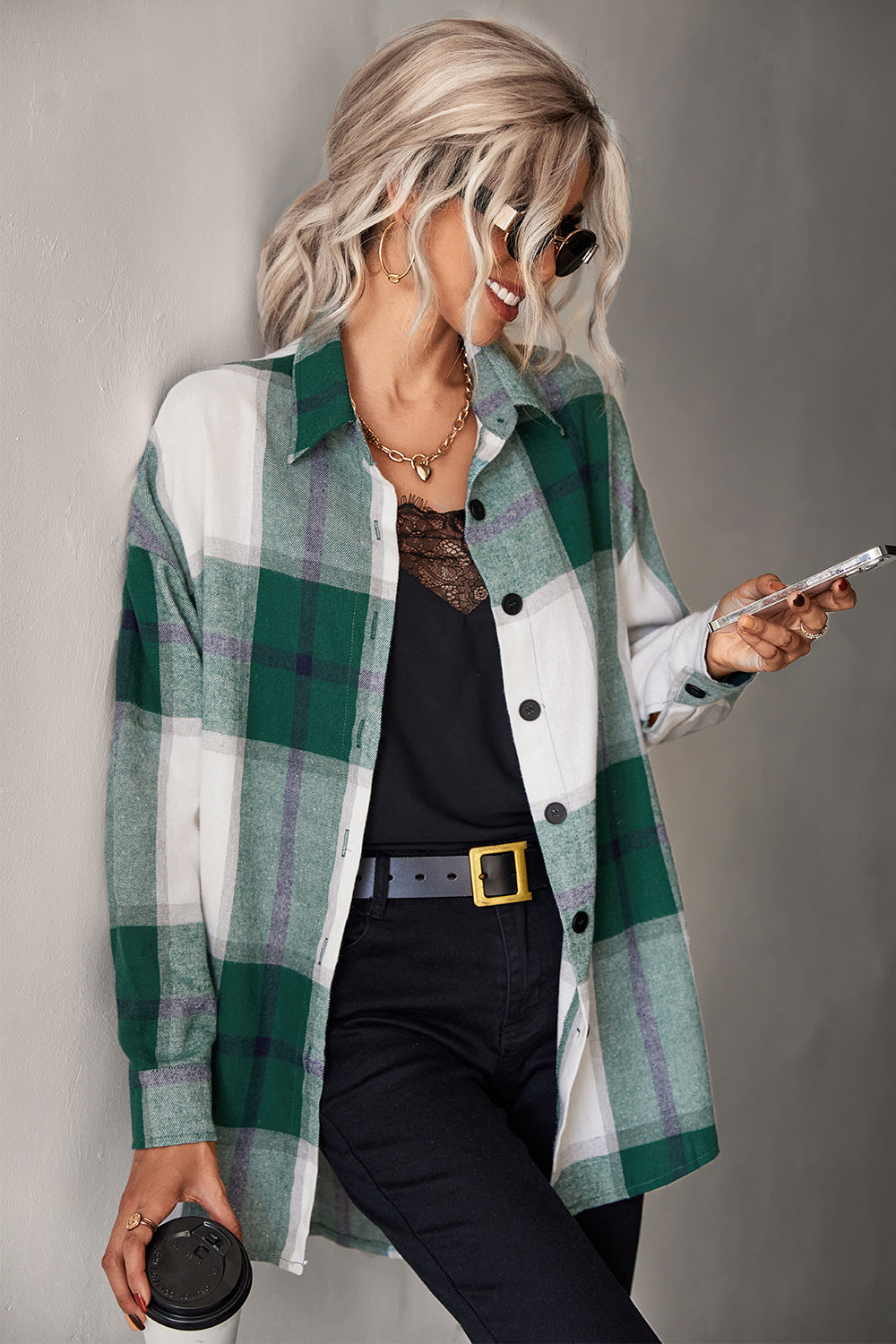 Adriana & Bae Plaid Collared Neck Longline Shirt