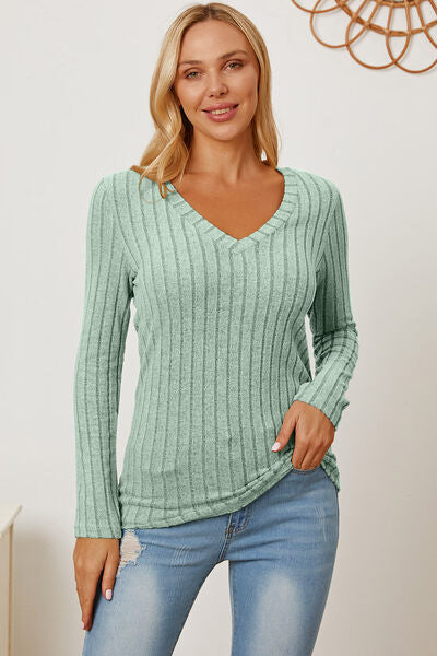 Basic Bae Full Size Ribbed V-Neck Long Sleeve T-Shirt *