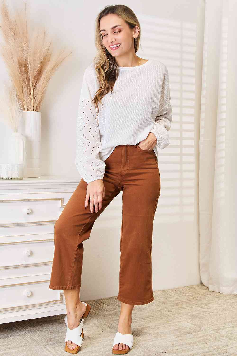 Double Take Eyelet Dropped Shoulder Round Neck Blouse *