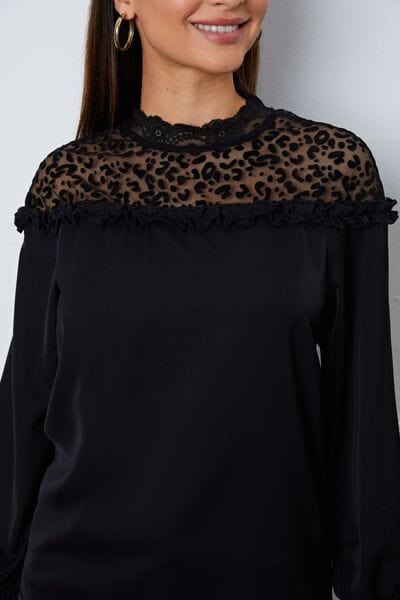 Leopard Frill Flounce Sleeve Blouse