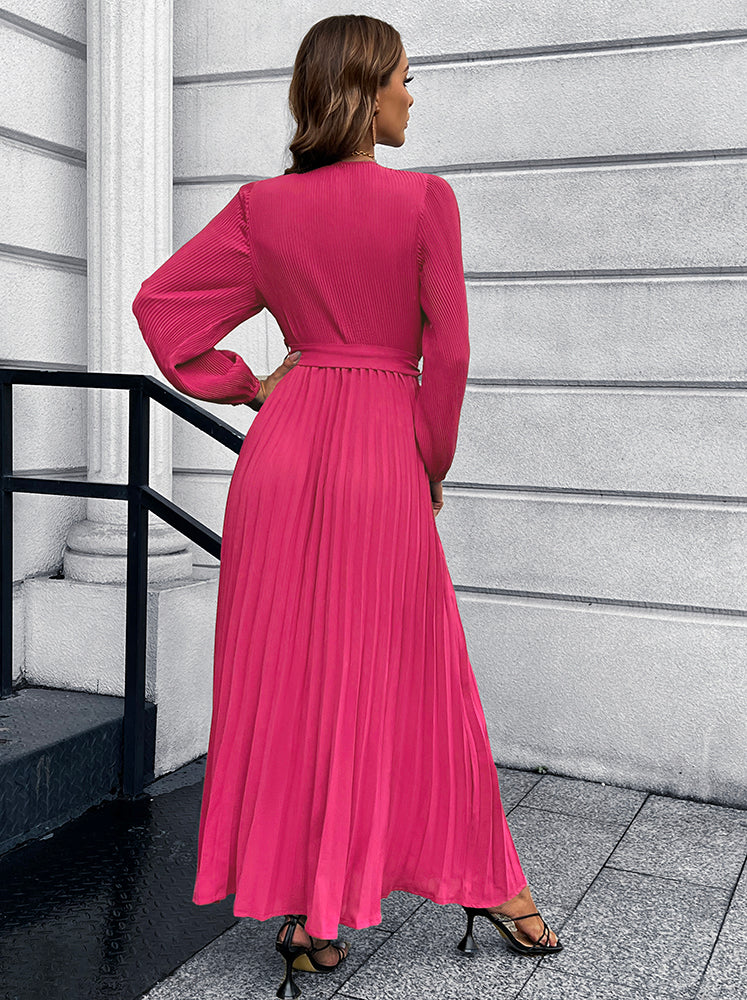 Full Size V-Neck Tie Waist Pleated Maxi Dress