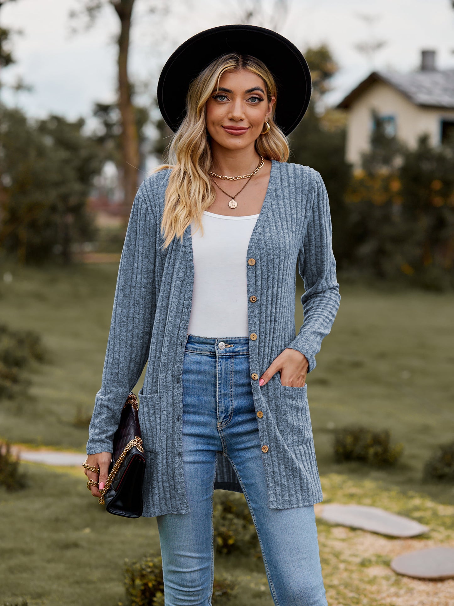 Full Size Ribbed Button-UP Cardigan with Pockets