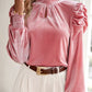 Women's Ava Tie Up Mock Neck Velvet Fabric Long Sleeve Blouse