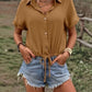 Drawstring Button Up Short Sleeve Blouse