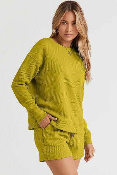 Double Take Full Size Texture Long Sleeve Top and Drawstring Shorts Set *