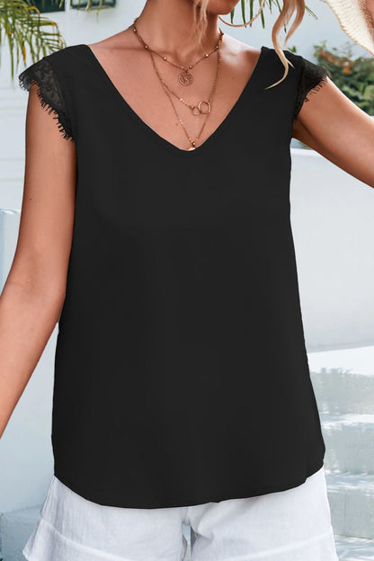 BAYSIDE ME Lace Detail Eyelash Trim V-Neck Tank